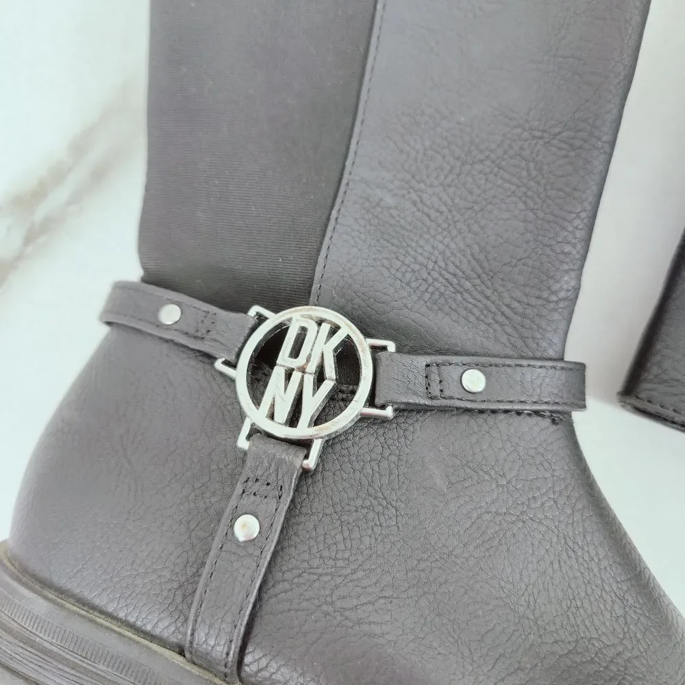 DKNY Girls' Emma Black Faux Leather Textile Harness Boots, Sz 1